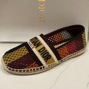 DIOR Granville Embroidered Stripe Mesh Cotton Flat Espadrille Shoes